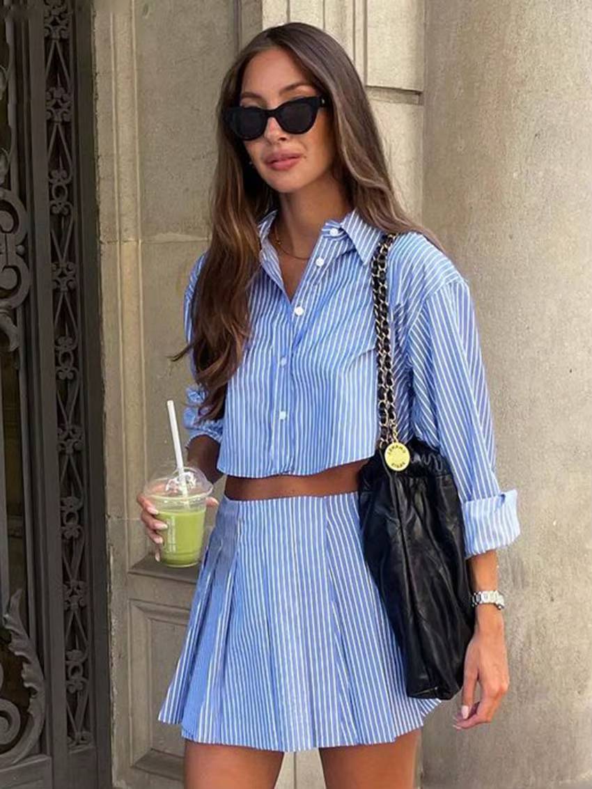 Casual Striped Print Button Crop Tops And High Waist Pleated Skirts 2 Pieces Sets Mssza