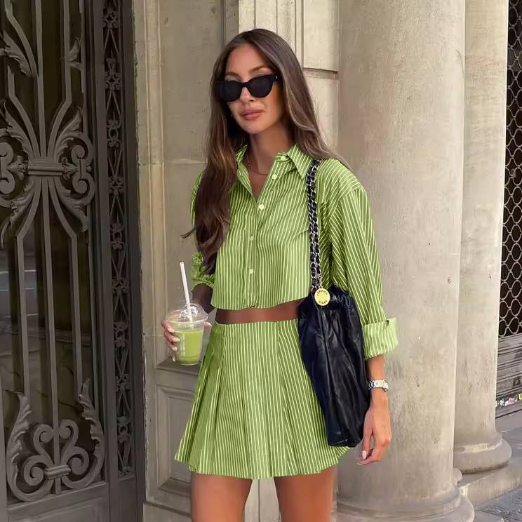Casual Striped Print Button Crop Tops And High Waist Pleated Skirts 2 Pieces Sets Mssza