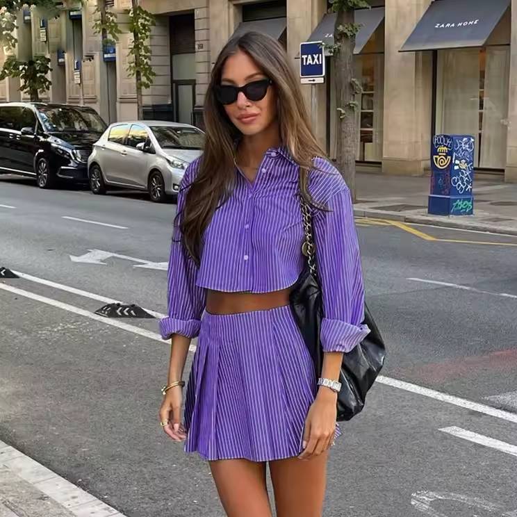 Casual Striped Print Button Crop Tops And High Waist Pleated Skirts 2 Pieces Sets Mssza