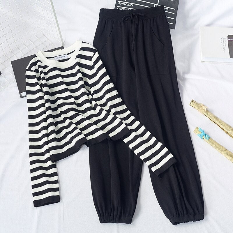 Casual Striped Shirts High Waist Jogger Pants 2 Pcs Sets Mssza