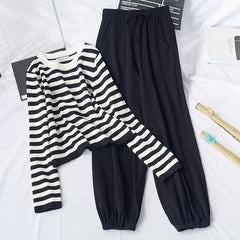 Casual Striped Shirts High Waist Jogger Pants 2 Pcs Sets Mssza