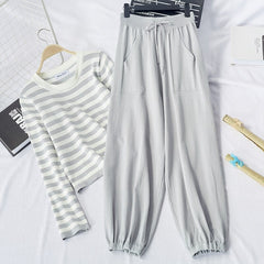 Casual Striped Shirts High Waist Jogger Pants 2 Pcs Sets Mssza