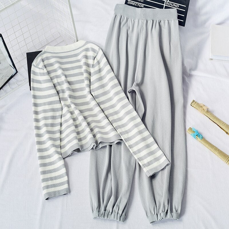 Casual Striped Shirts High Waist Jogger Pants 2 Pcs Sets Mssza