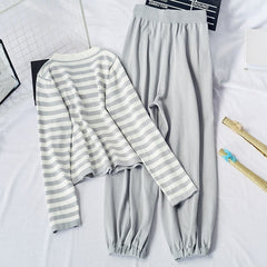 Casual Striped Shirts High Waist Jogger Pants 2 Pcs Sets Mssza