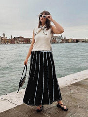 Casual Striped Strap Long Skirt With Elastic High Waist Tassel Trim Mssza