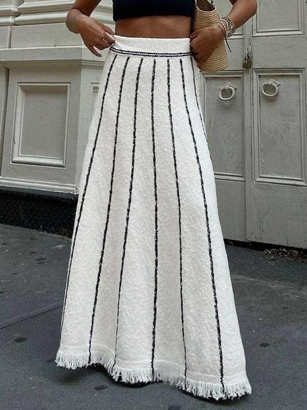 Casual Striped Strap Long Skirt With Elastic High Waist Tassel Trim Mssza