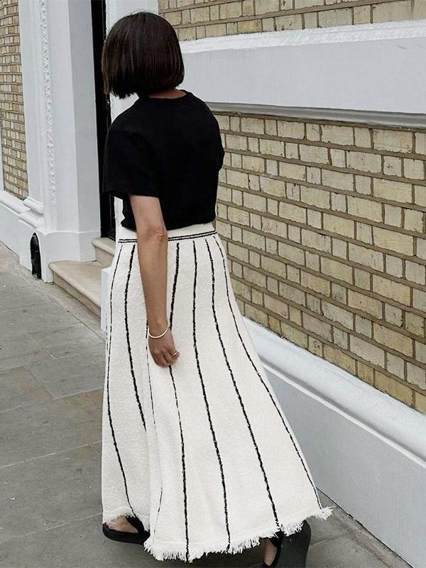 Casual Striped Strap Long Skirt With Elastic High Waist Tassel Trim Mssza