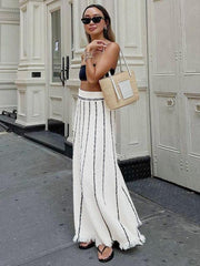 Casual Striped Strap Long Skirt With Elastic High Waist Tassel Trim Mssza