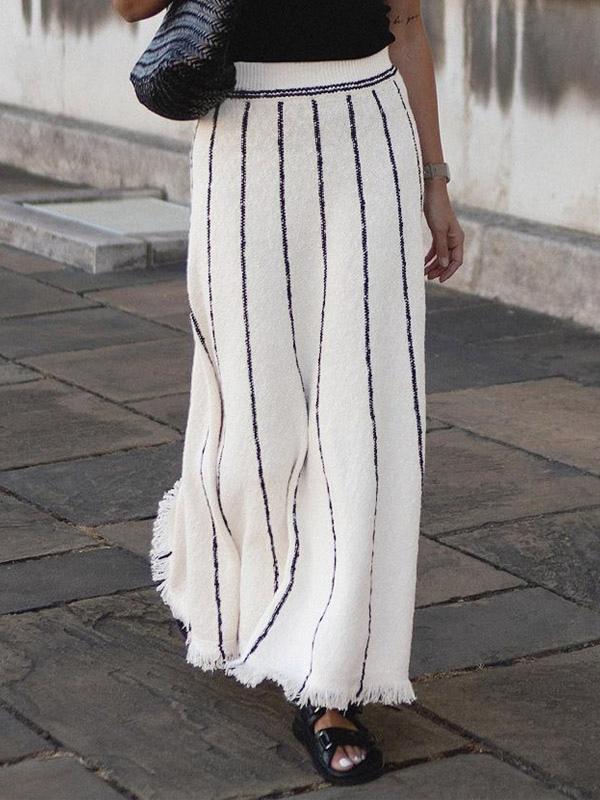 Casual Striped Strap Long Skirt With Elastic High Waist Tassel Trim Mssza