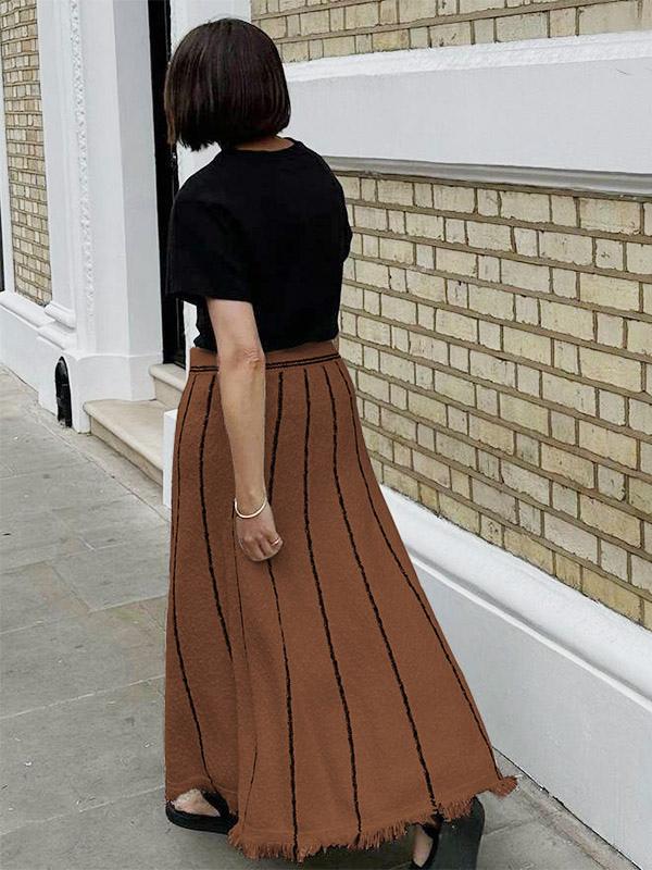Casual Striped Strap Long Skirt With Elastic High Waist Tassel Trim Mssza