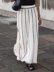 Casual Striped Strap Long Skirt With Elastic High Waist Tassel Trim Mssza