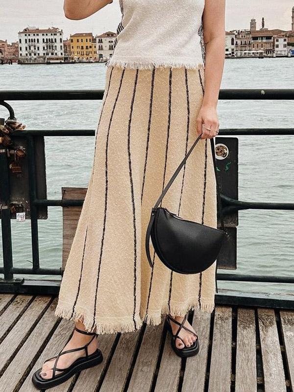 Casual Striped Strap Long Skirt With Elastic High Waist Tassel Trim Mssza