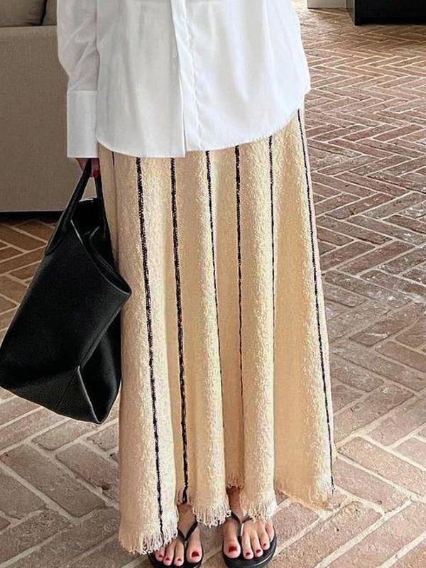 Casual Striped Strap Long Skirt With Elastic High Waist Tassel Trim Mssza