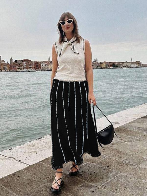 Casual Striped Strap Long Skirt With Elastic High Waist Tassel Trim Mssza