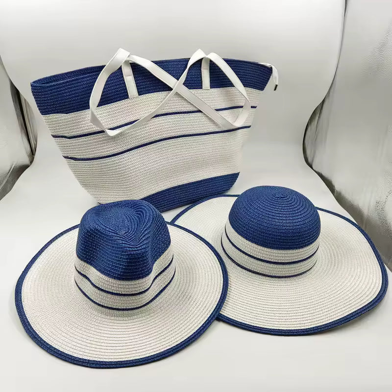 Casual Striped Travel Beach Outdoor Straw Hat Bag 3 PCS Set Mssza