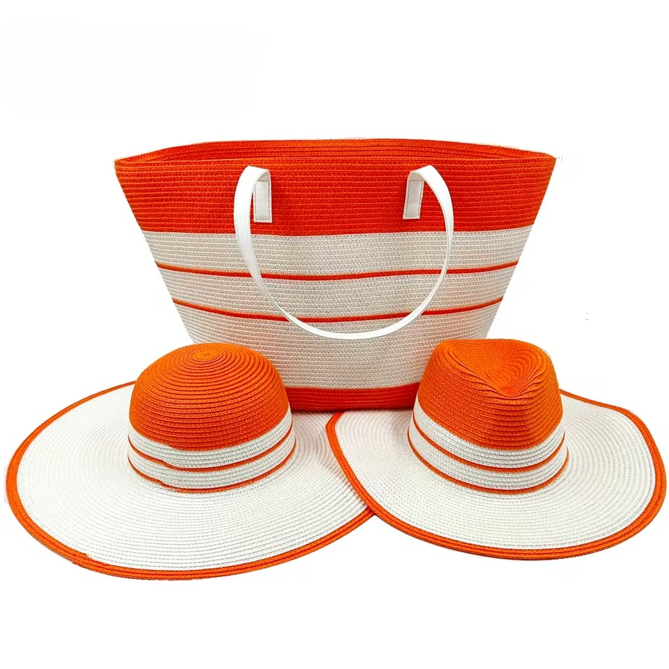 Casual Striped Travel Beach Outdoor Straw Hat Bag 3 PCS Set Mssza
