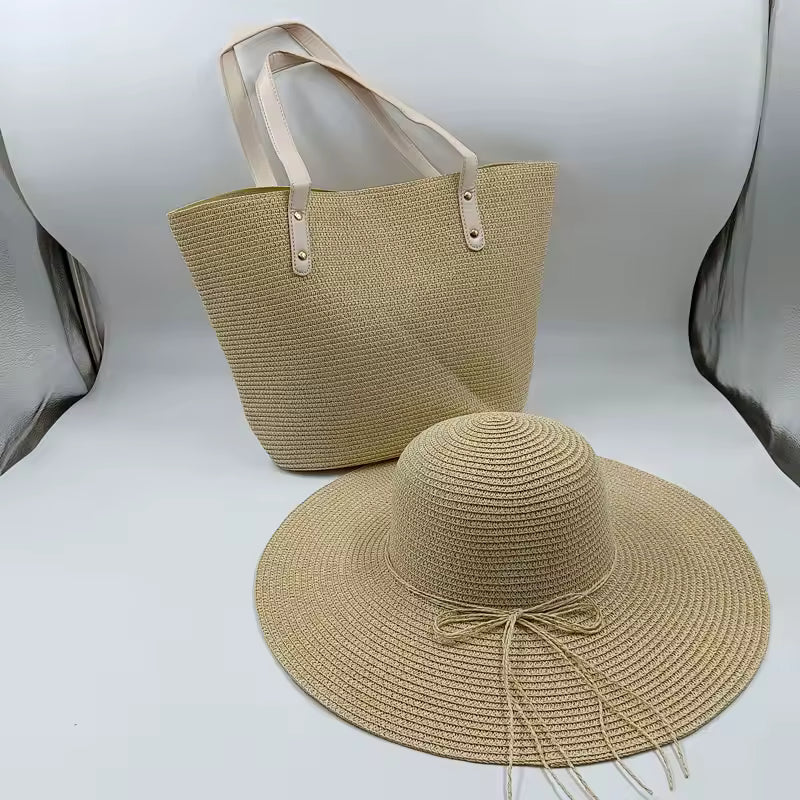 Casual Striped Beach Outdoor Straw Sun Protection Hat Bag Mssza