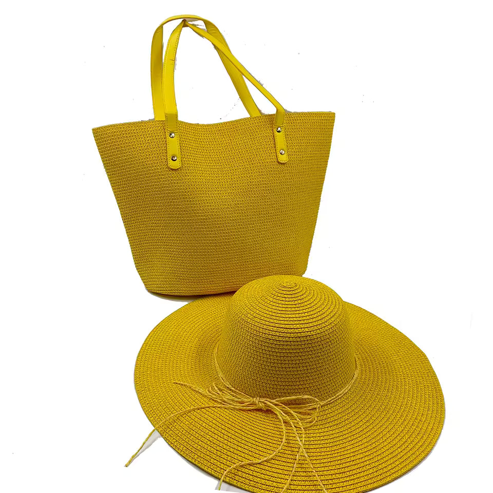 Casual Striped Beach Outdoor Straw Sun Protection Hat Bag Mssza