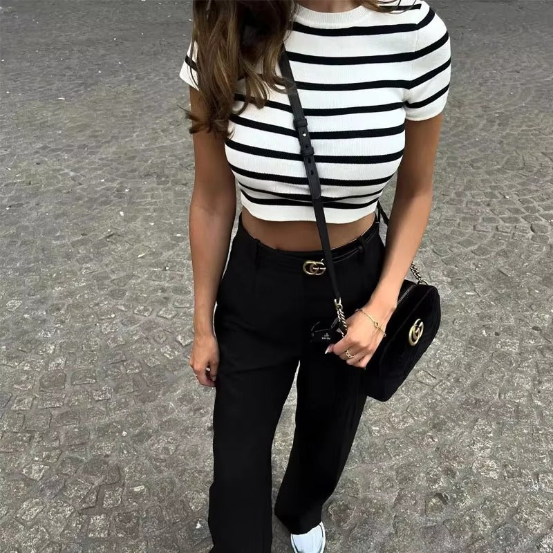 Casual Striped half Sleeve Pullovers Knit Vests Knitting Cropped Tops Mssza