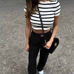 Casual Striped half Sleeve Pullovers Knit Vests Knitting Cropped Tops Mssza
