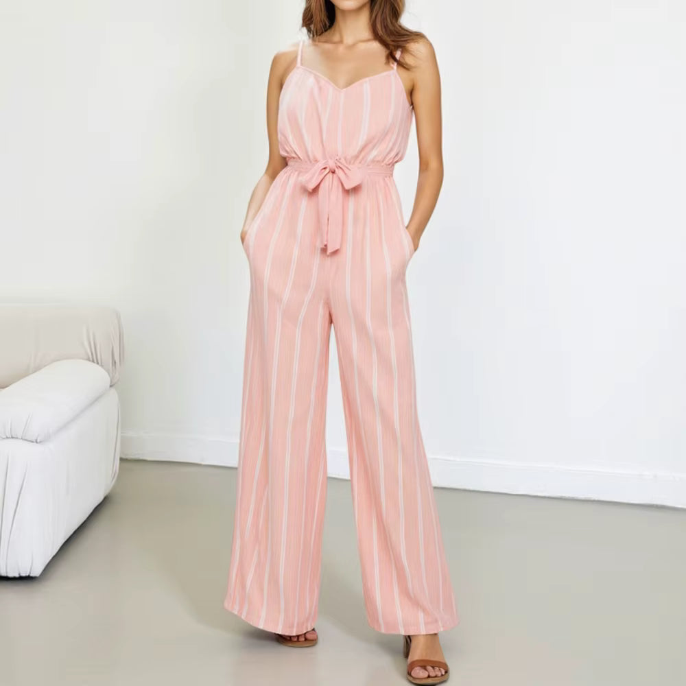 Casual Stripes Sashes Sleeveless Sweetheart Neck Ankle Length Straight Jumpsuits Mssza