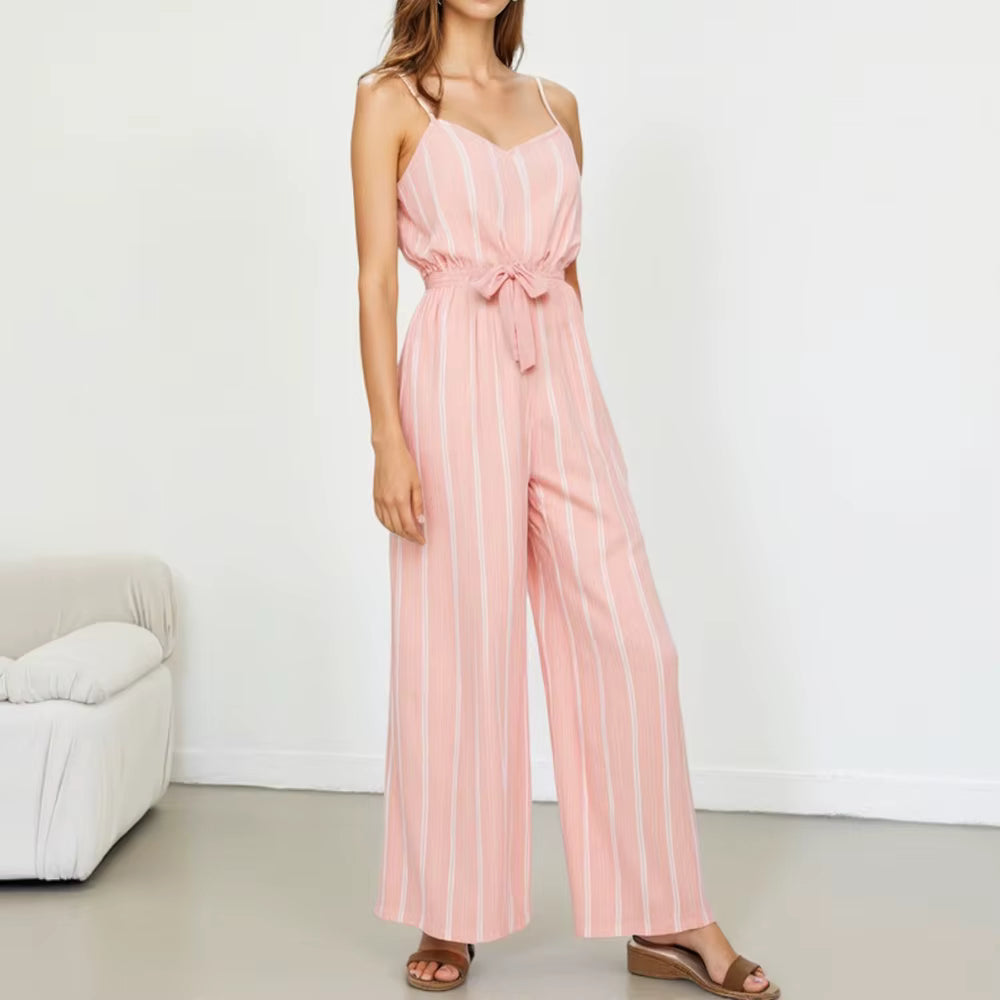 Casual Stripes Sashes Sleeveless Sweetheart Neck Ankle Length Straight Jumpsuits Mssza