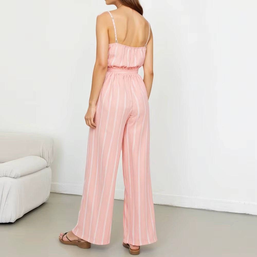 Casual Stripes Sashes Sleeveless Sweetheart Neck Ankle Length Straight Jumpsuits Mssza