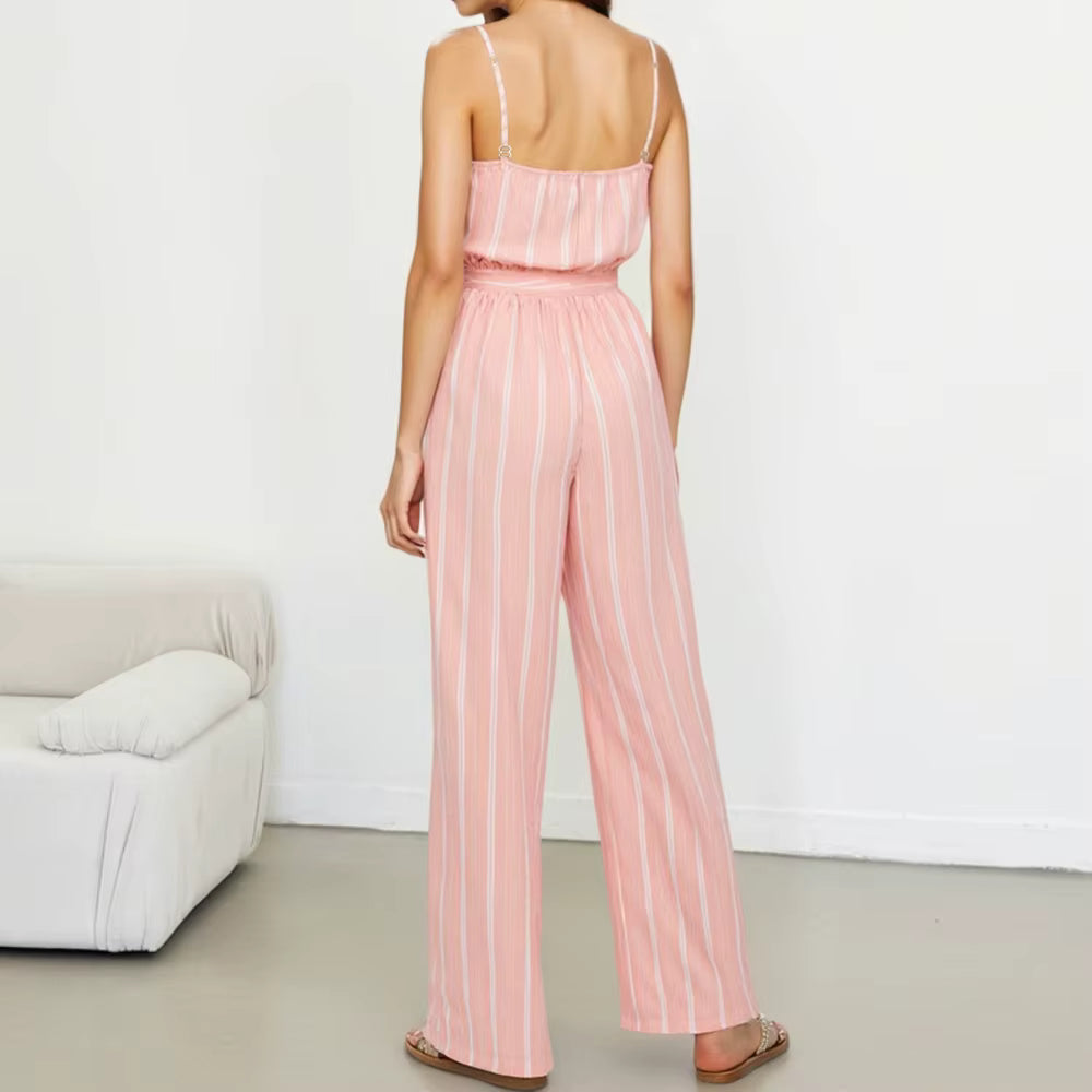 Casual Stripes Sashes Sleeveless Sweetheart Neck Ankle Length Straight Jumpsuits Mssza