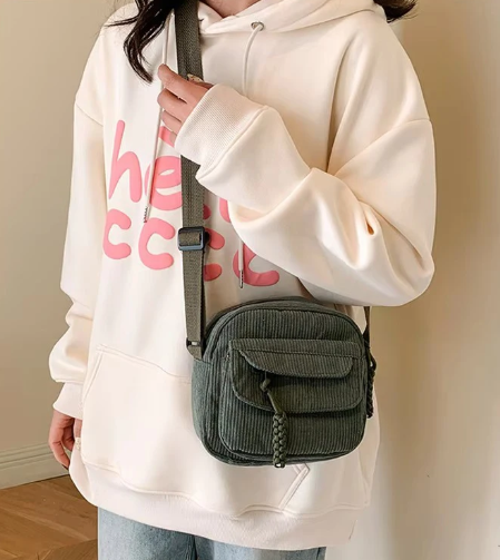 Casual Style Zipper Closure Adjustable Strap Multi Pockets Polyester Lining Corduroy Crossbody Bag Mssza