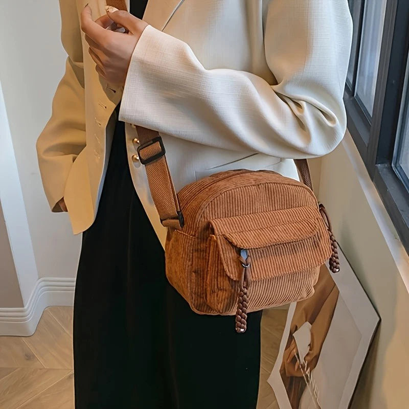 Casual Style Zipper Closure Adjustable Strap Multi Pockets Polyester Lining Corduroy Crossbody Bag Mssza