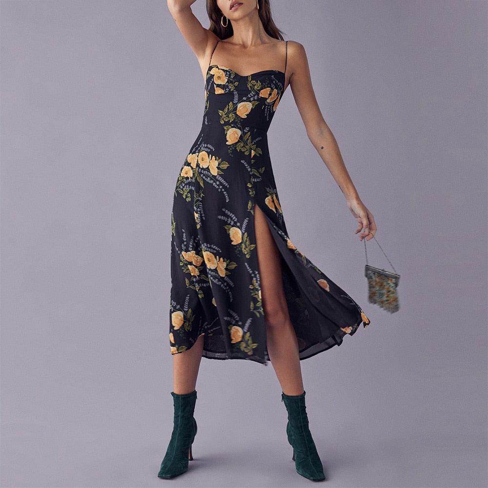 Neck Sleeveless Print Chiffon Midi Dress Strap Side High Slit  Dress Mssaz Desses