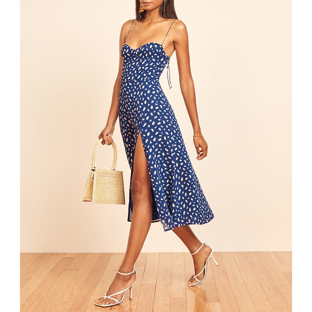 Neck Sleeveless Print Chiffon Midi Dress Strap Side High Slit  Dress Mssaz Desses