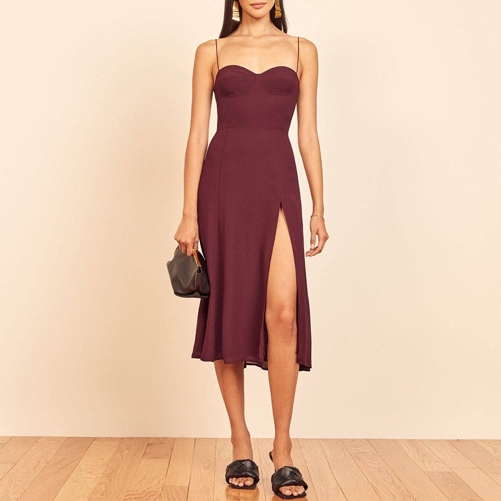 Neck Sleeveless Print Chiffon Midi Dress Strap Side High Slit  Dress Mssaz Desses