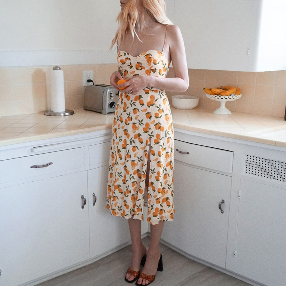 Neck Sleeveless Print Chiffon Midi Dress Strap Side High Slit  Dress Mssaz Desses