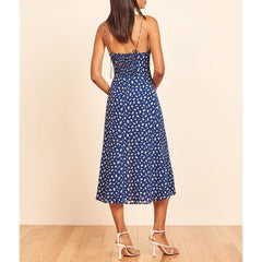 Neck Sleeveless Print Chiffon Midi Dress Strap Side High Slit  Dress Mssaz Desses