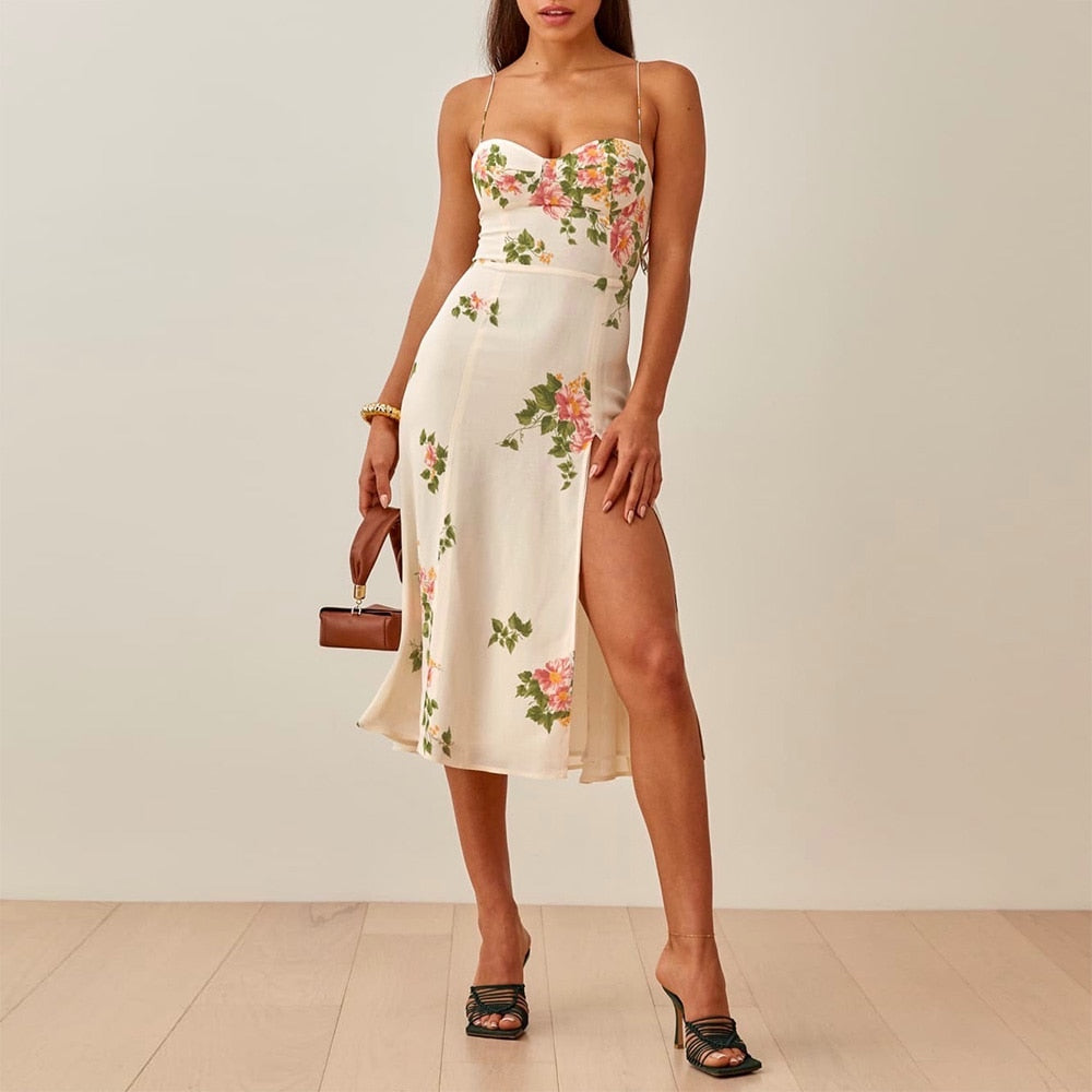 Neck Sleeveless Print Chiffon Midi Dress Strap Side High Slit  Dress Mssaz Desses