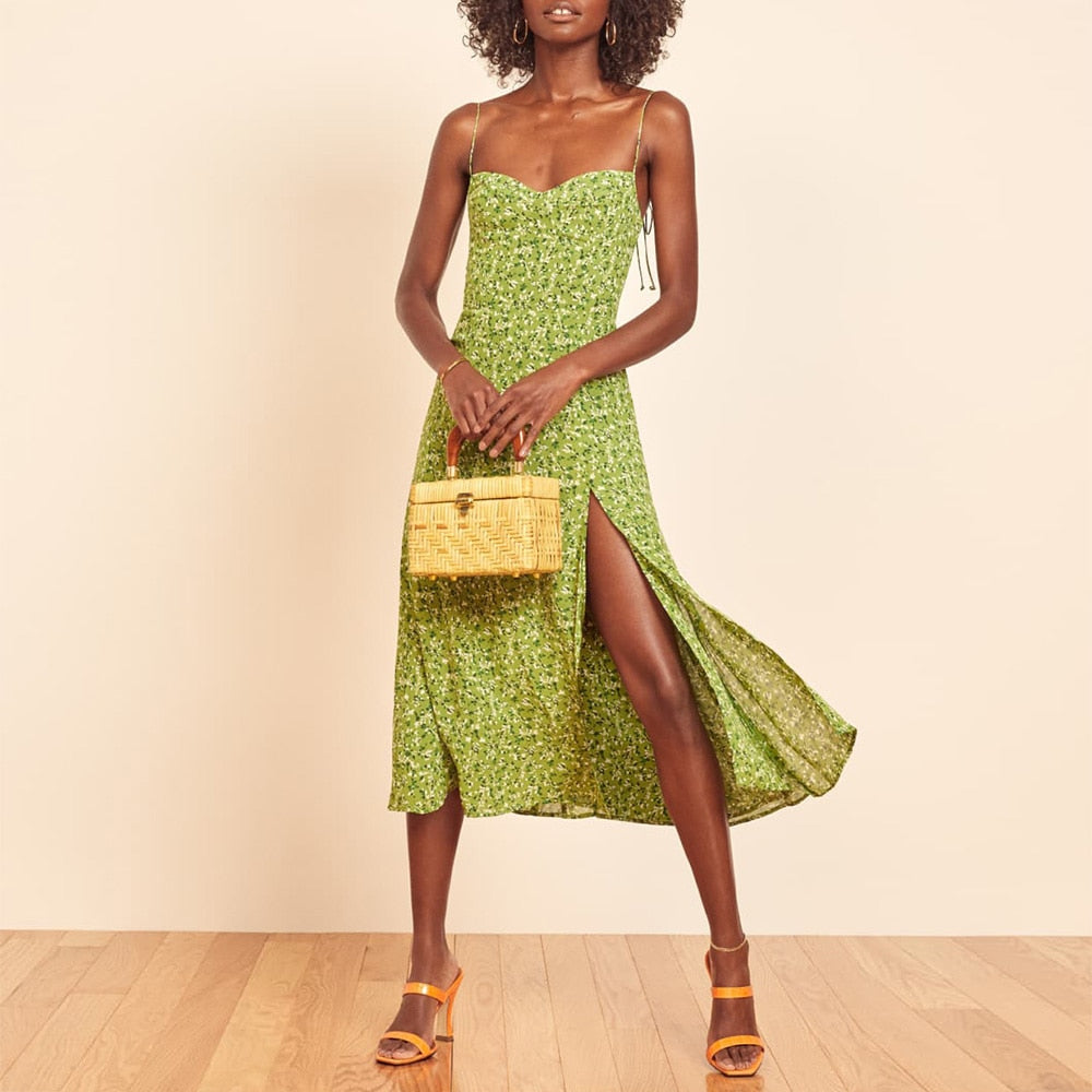 Neck Sleeveless Print Chiffon Midi Dress Strap Side High Slit  Dress Mssaz Desses