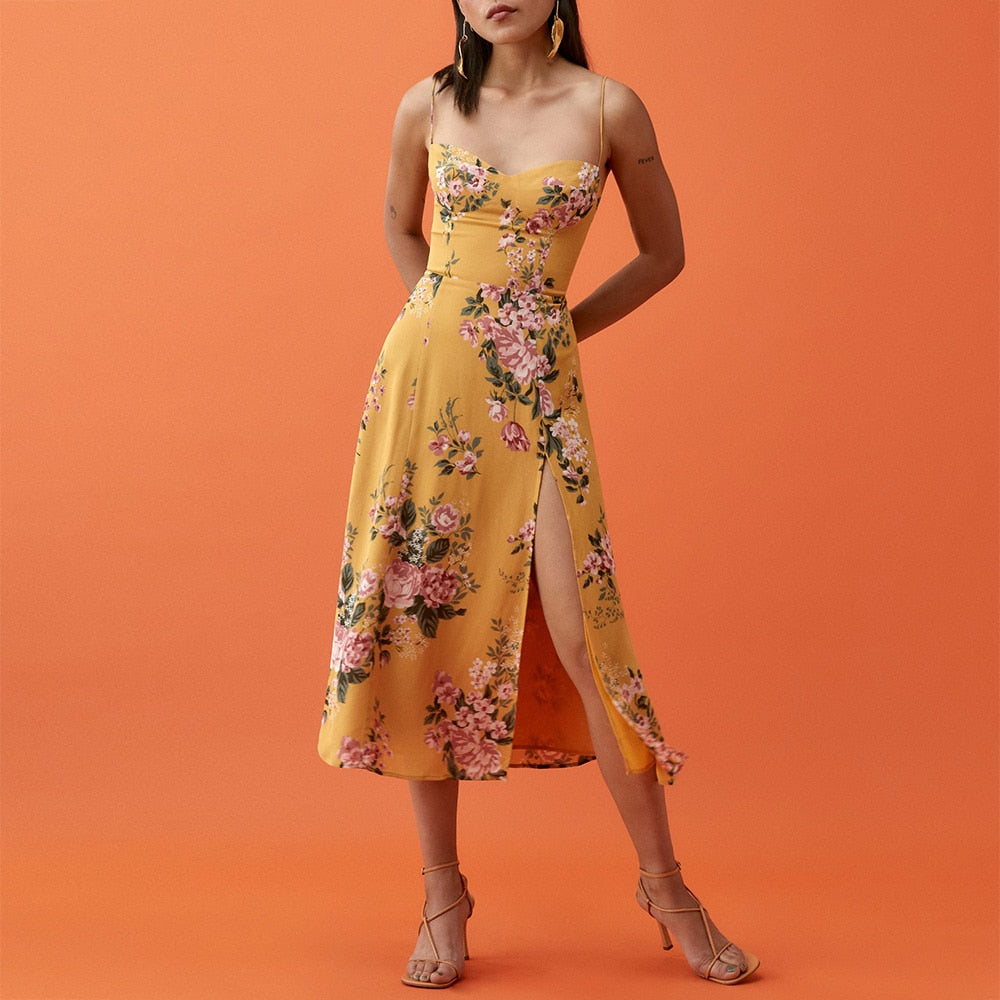 Neck Sleeveless Print Chiffon Midi Dress Strap Side High Slit  Dress Mssaz Desses