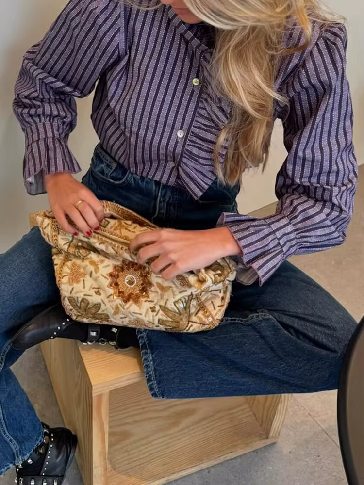 Casual Sweet Single Breasted Butterfly sleeve Ruffles Regular Fit Shirts Mssza