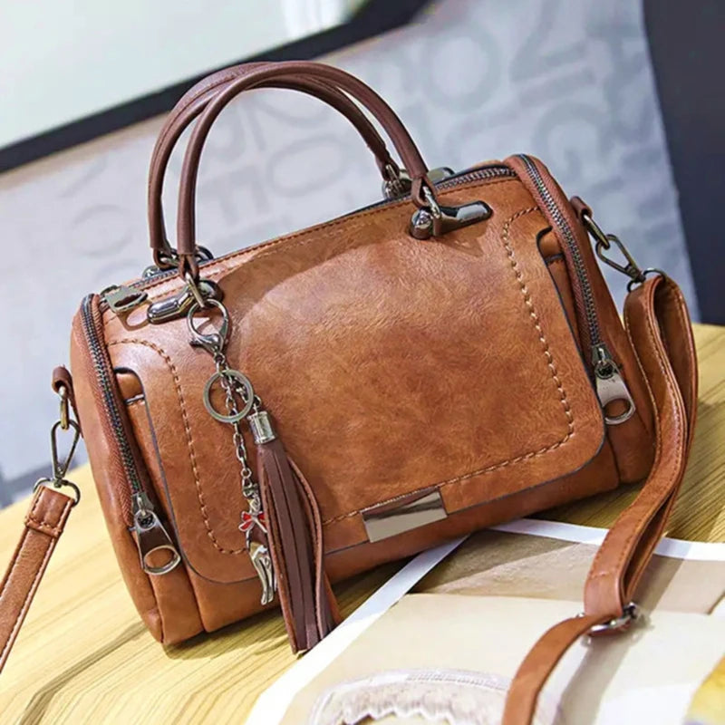 Casual Tassel Decor Large Capacity Zipper With Removable Strap Boston Shoulder Crossbody Bag Mssza