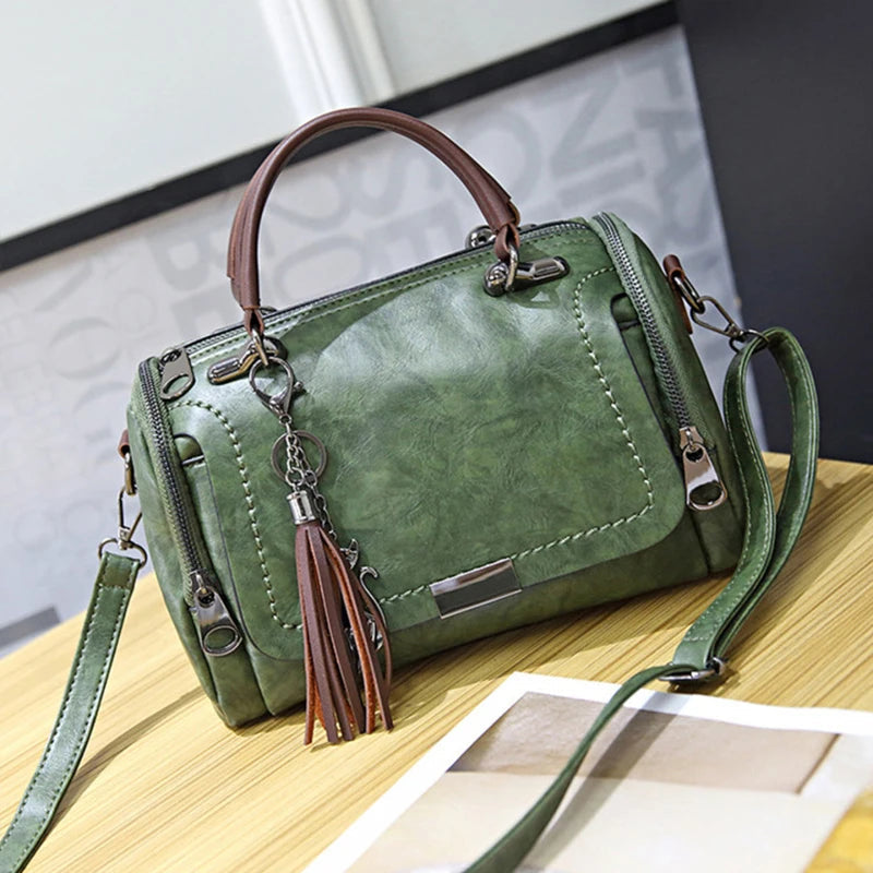 Casual Tassel Decor Large Capacity Zipper With Removable Strap Boston Shoulder Crossbody Bag Mssza