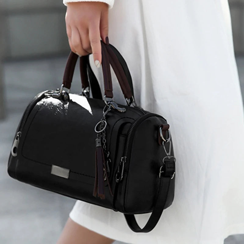 Casual Tassel Decor Large Capacity Zipper With Removable Strap Boston Shoulder Crossbody Bag Mssza