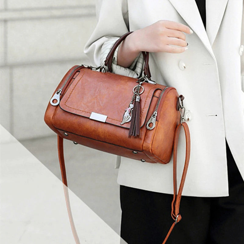 Casual Tassel Decor Large Capacity Zipper With Removable Strap Boston Shoulder Crossbody Bag Mssza