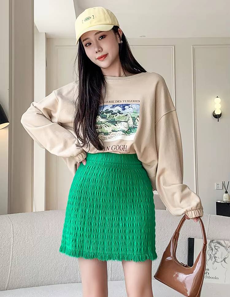 Casual Tassel Empire Folds High Waist Bodycon Medium Stretch Mini Skirts Mssza