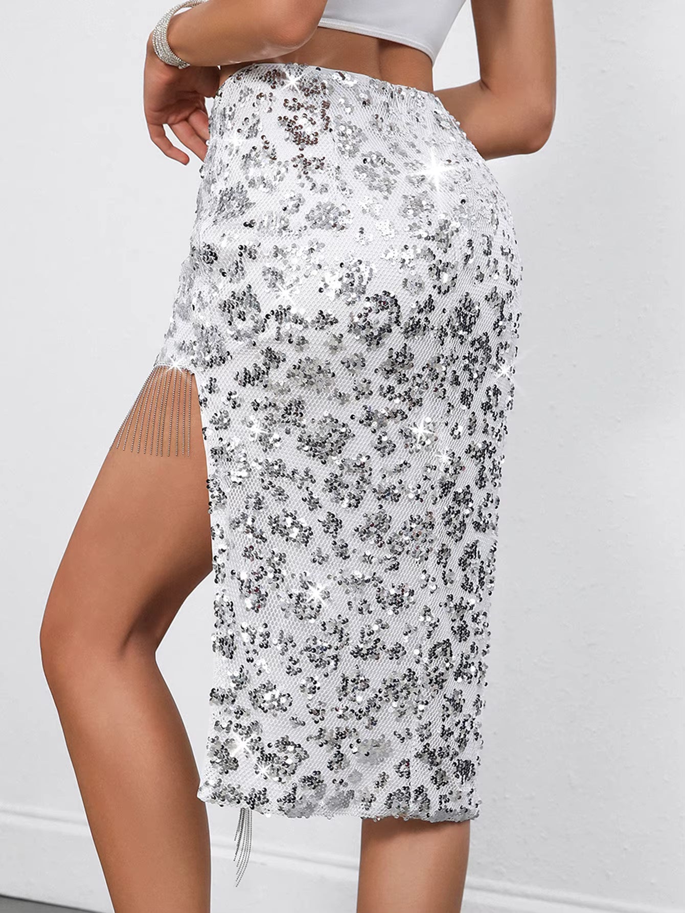 Casual Tassel sequin Asymmetrical Mid-Calf High waist Long Maxi Skirt Mssza