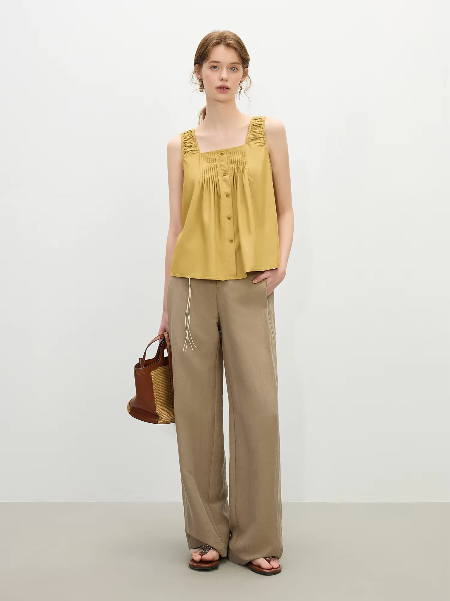 Casual Textured Linen Relaxed Fit Slimming Silhouette Tanks And Camis Top Mssza