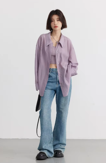 Casual Thin Long Sleeve Slightly Solid Design Loose Shirt Mssza