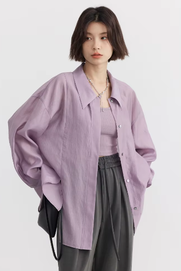 Casual Thin Long Sleeve Slightly Solid Design Loose Shirt Mssza