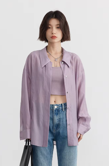 Casual Thin Long Sleeve Slightly Solid Design Loose Shirt Mssza