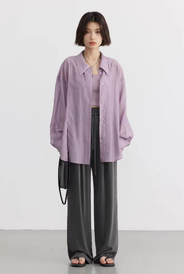 Casual Thin Long Sleeve Slightly Solid Design Loose Shirt Mssza